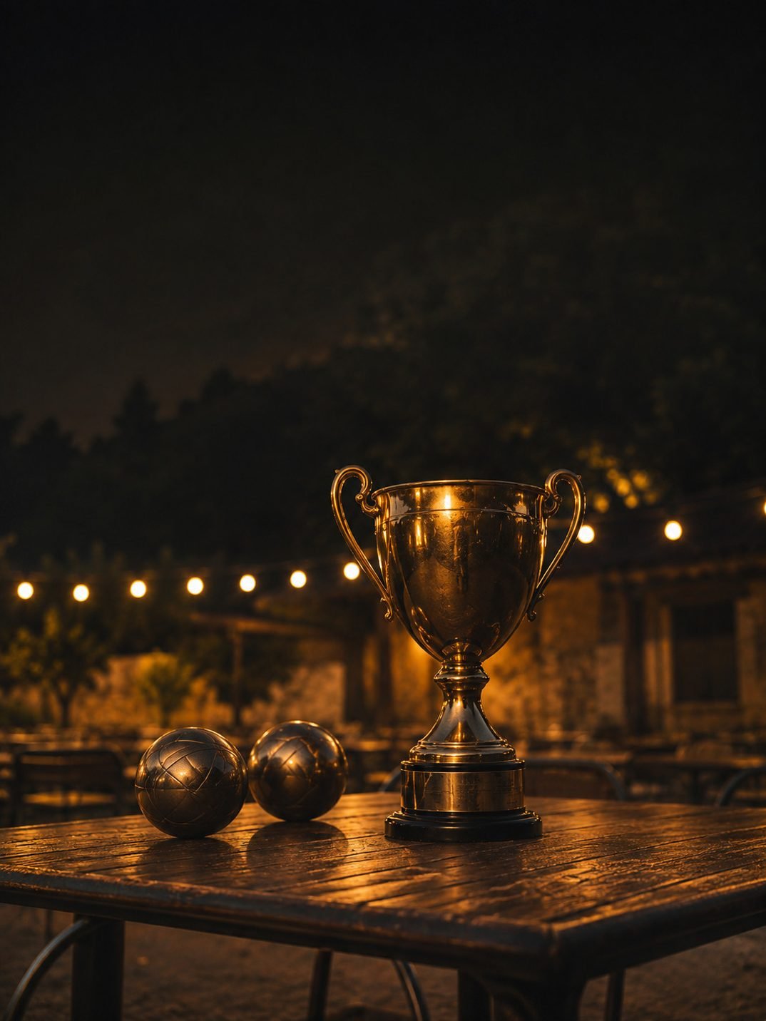 Une coupe de pétanque sous les guirlandes